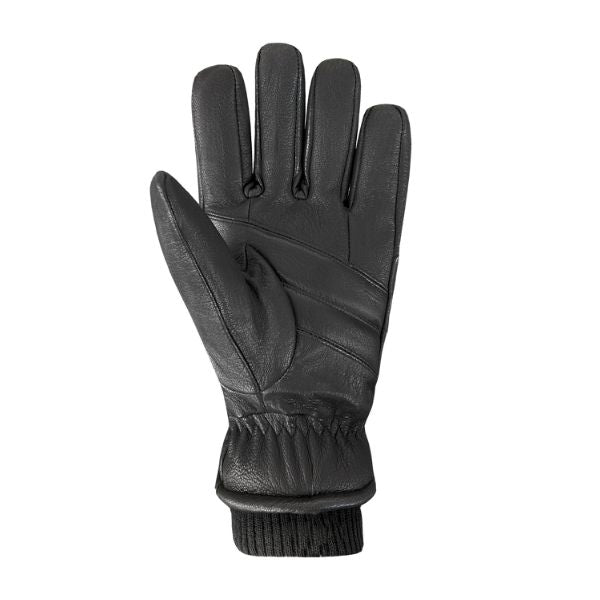 An Auclair palm of black leather glove with textile cuffs. 