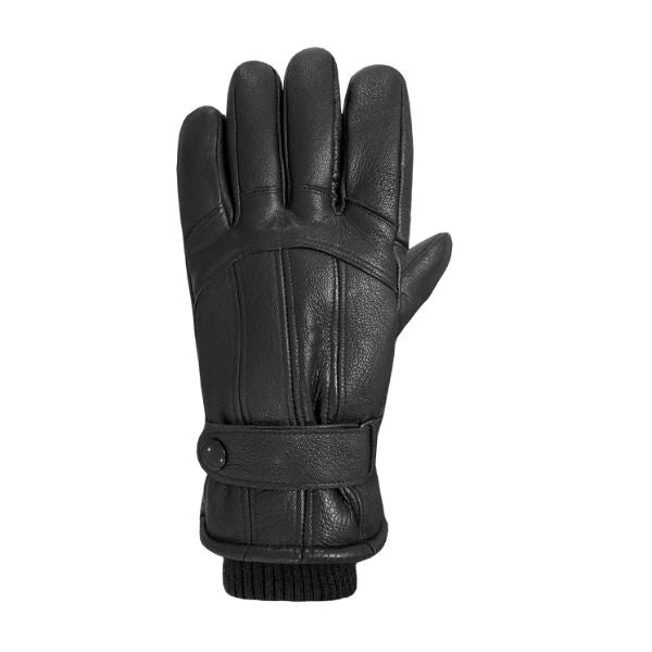 An Auclair black leather glove with stitched detailing, an adjustable button closure at the wrist and textile cuffs.