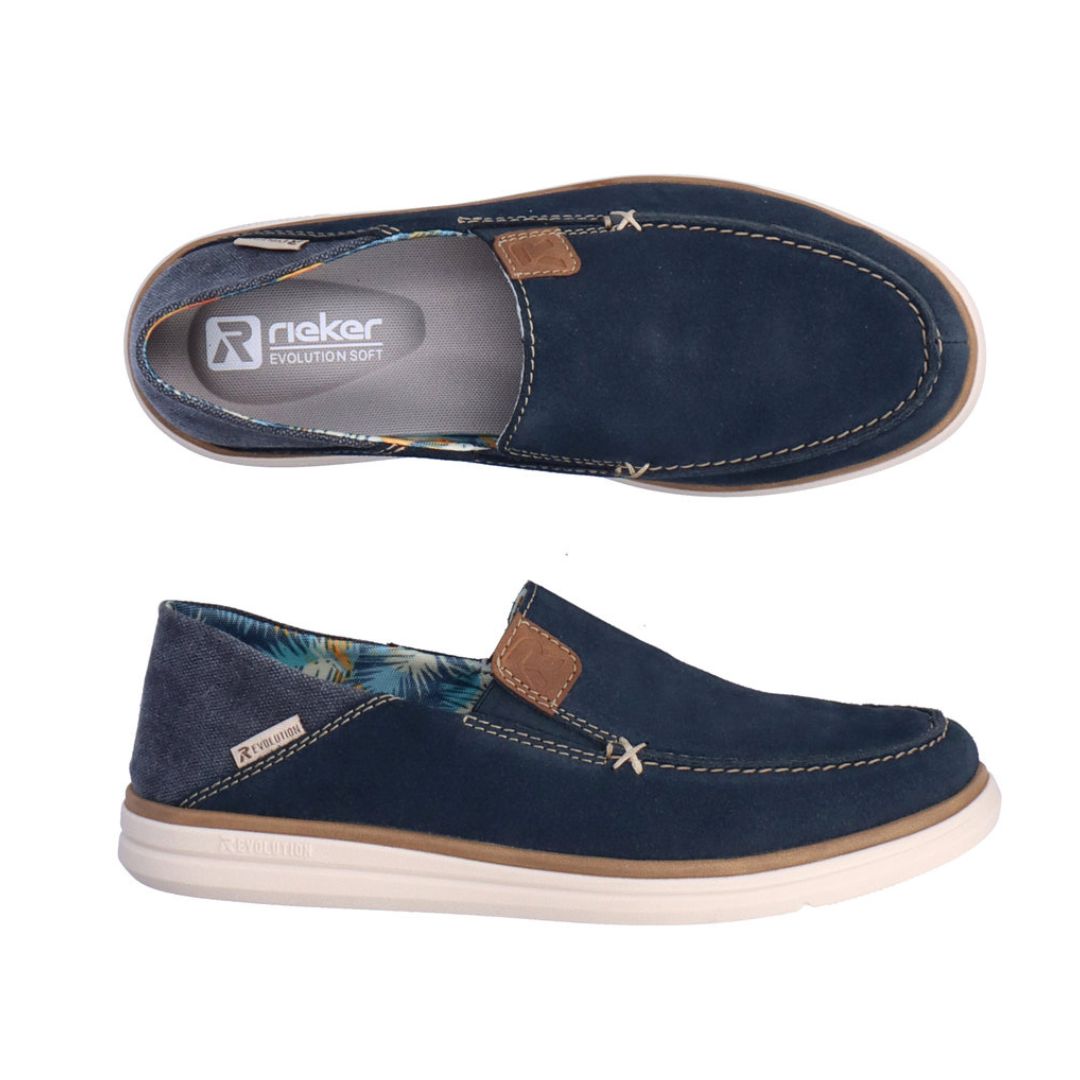 Navy blue loafer with brown accents and a beige outsole. R-Evolution by Rieker logo printed on grey insole.