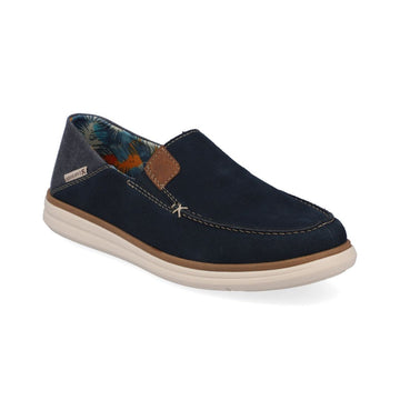 Navy blue loafer with brown accents and a beige outsole.
