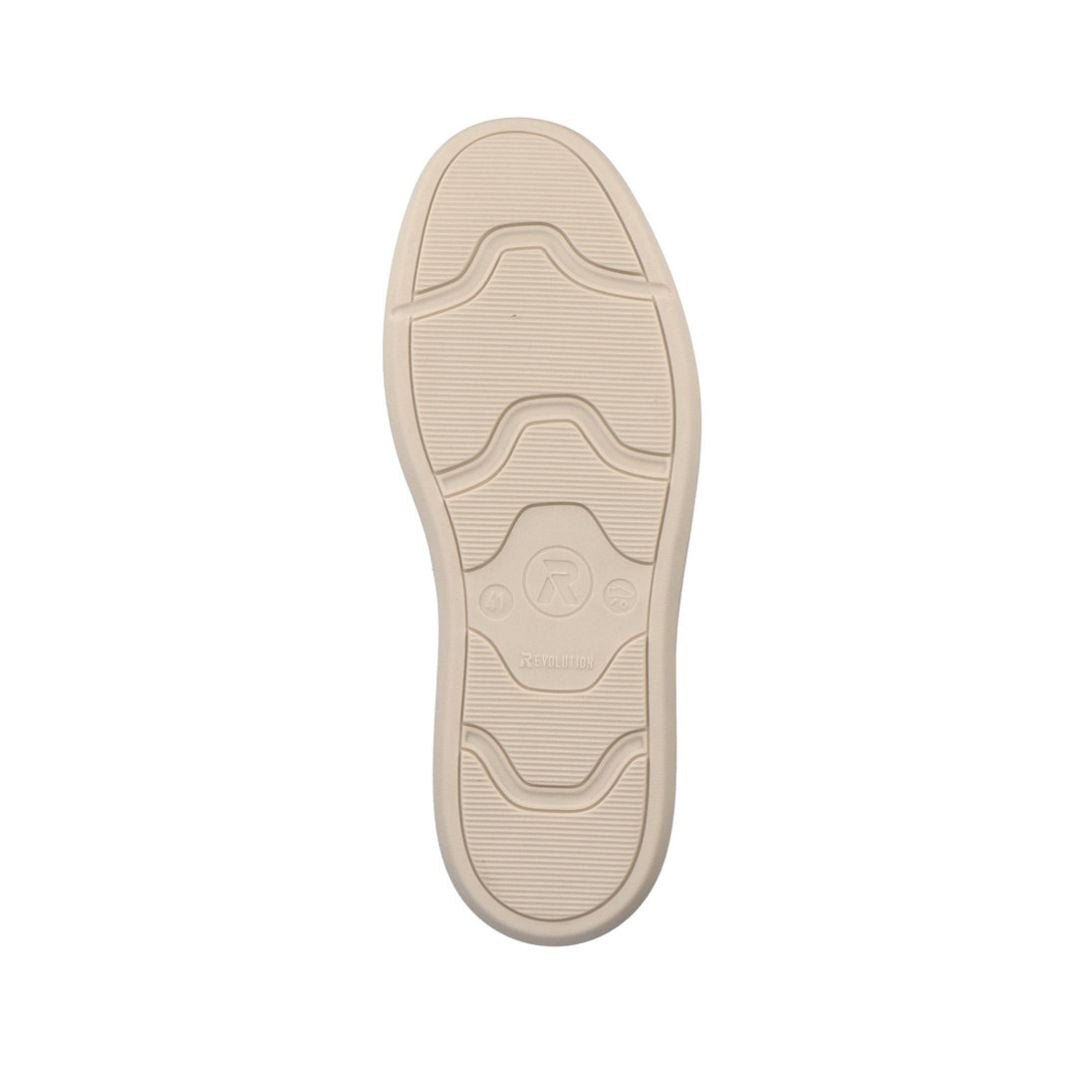 White rubber outsole with R-Evolution by Rieker logo imprinted on it.