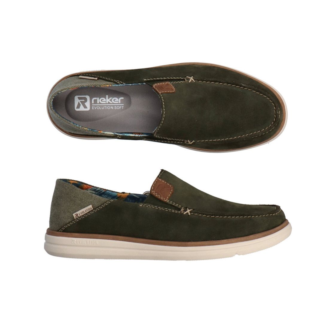 Olive green loafer with brown accents and a beige outsole. R-Evolution by Rieker logo printed on grey insole.