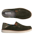 Olive green loafer with brown accents and a beige outsole. R-Evolution by Rieker logo printed on grey insole.