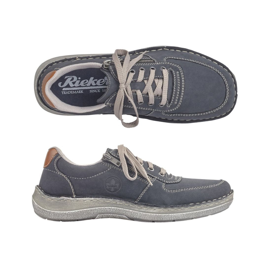 Top and side view of navy sneaker with beige laces, side zipper and grey outsole.