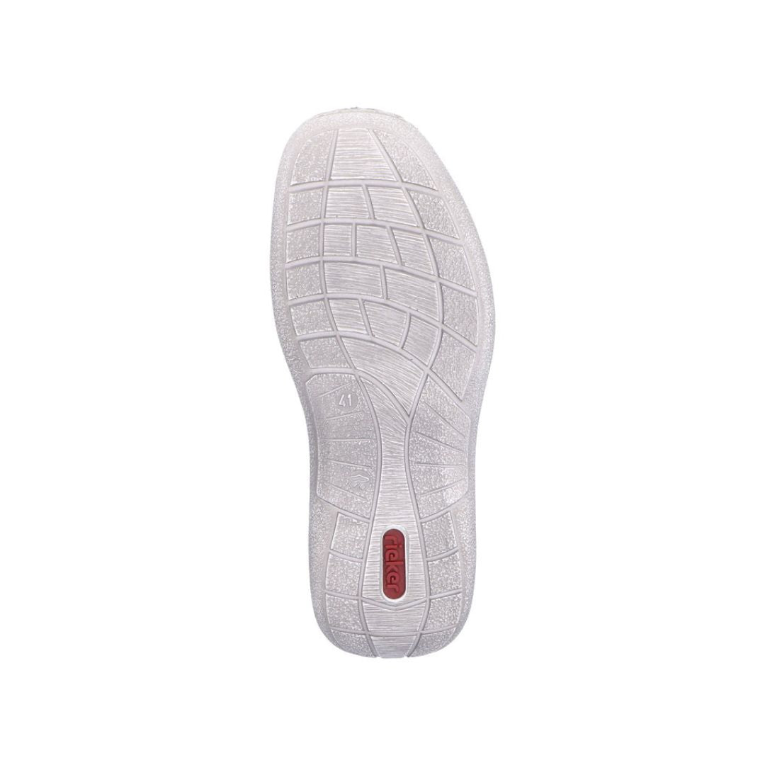 Grey outsole with red Rieker logo on heel.