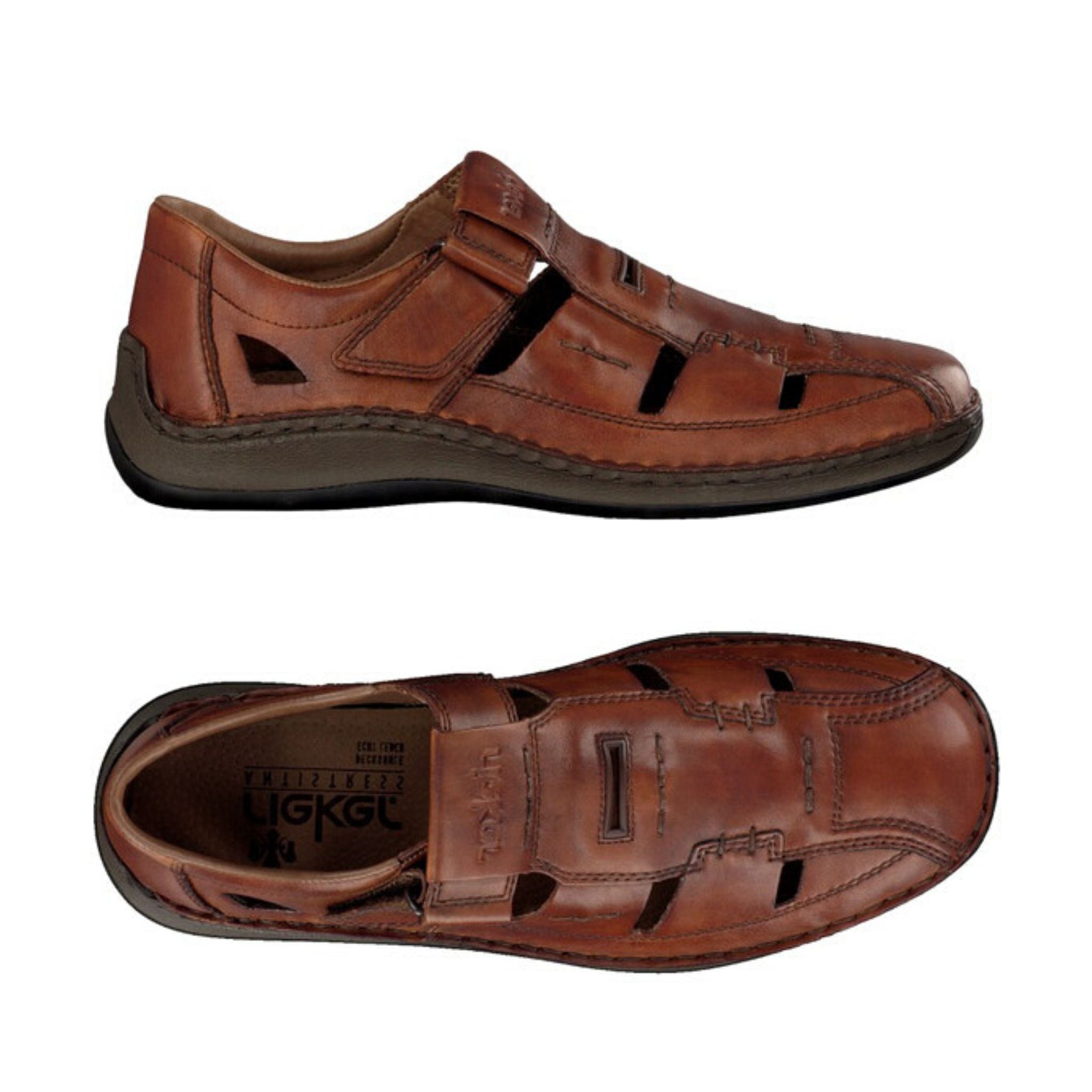 Top and side view of men&#39;s brown leather fisherman sandal made by Rieker.