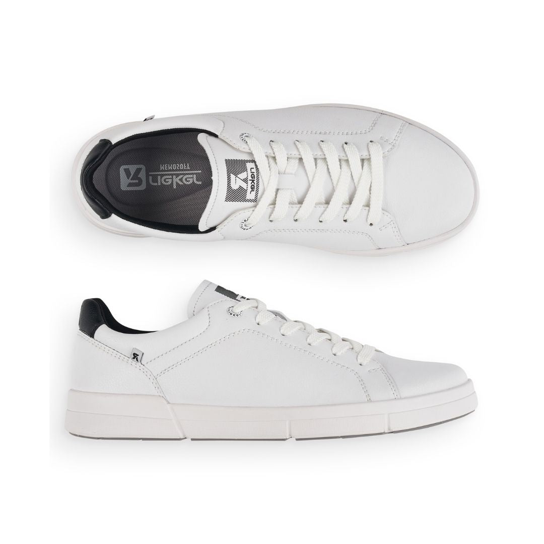 White leather lace up sneaker with black leather accent at heel and white outsole.