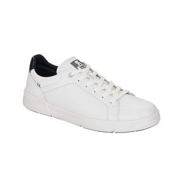 White leather lace up sneaker with black leather accent at heel and white outsole.