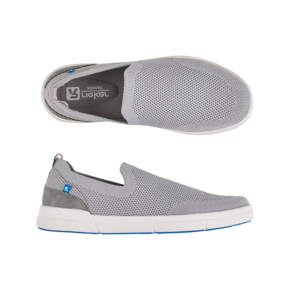 Top and side view of light grey slip on mesh shoe with heel pull tab and white outsole.