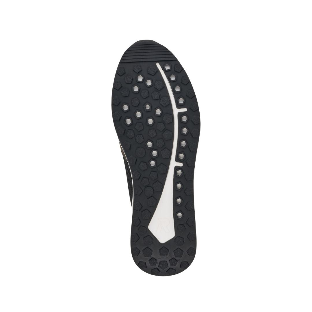 Black and white outsole of men&#39;s Rieker sneaker.