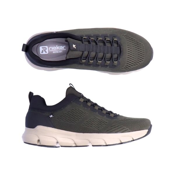 Top and side view of olive slip on sneaker with elastic laces, heel pull tab and beige outsole.
