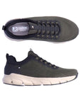 Top and side view of olive slip on sneaker with elastic laces, heel pull tab and beige outsole.