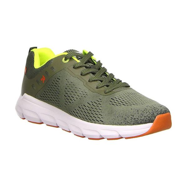Olive  mesh sneaker with lace closure, orange accents and white midsole.