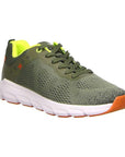 Olive  mesh sneaker with lace closure, orange accents and white midsole.