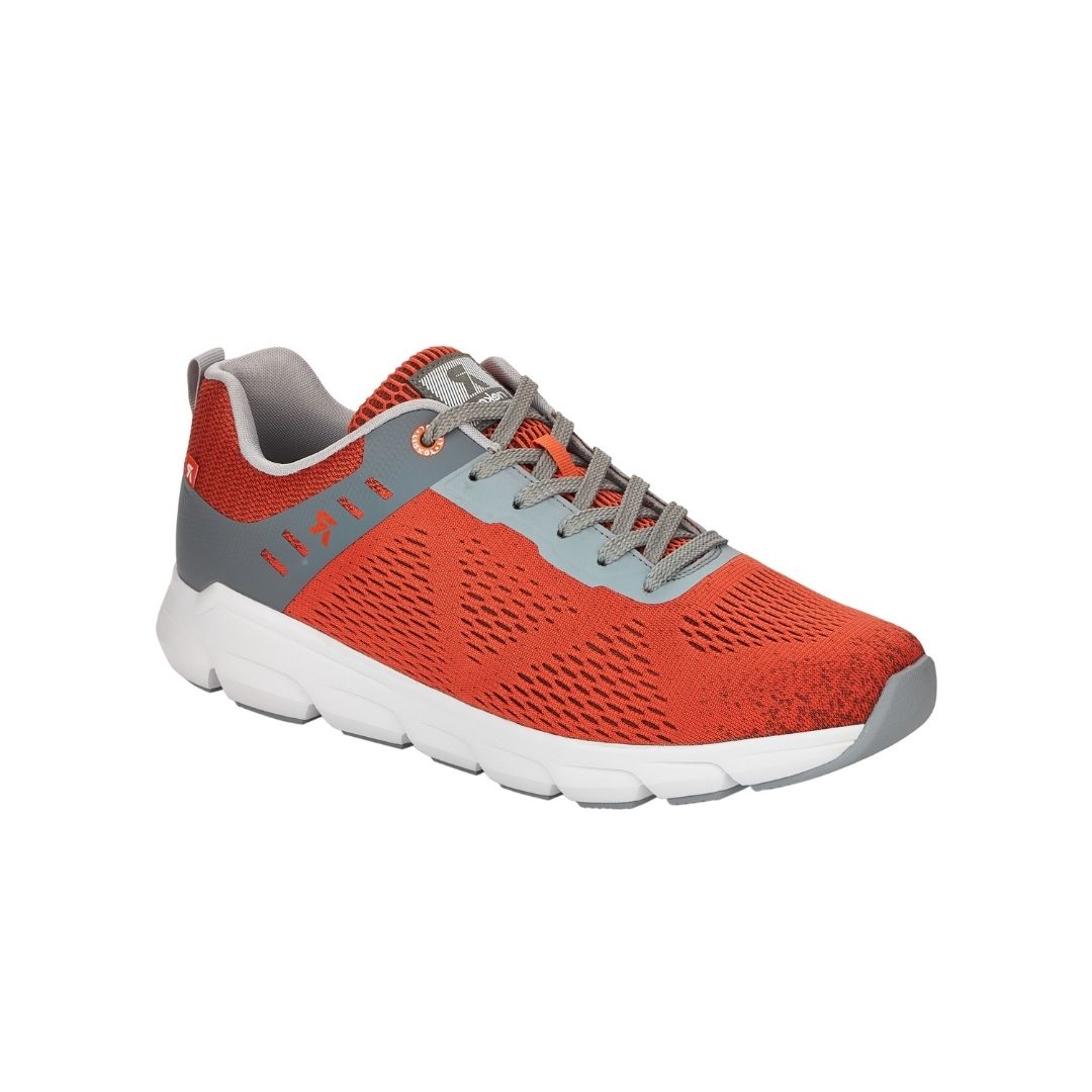 Orange mesh sneaker with grey laces, grey accents and white midsole.