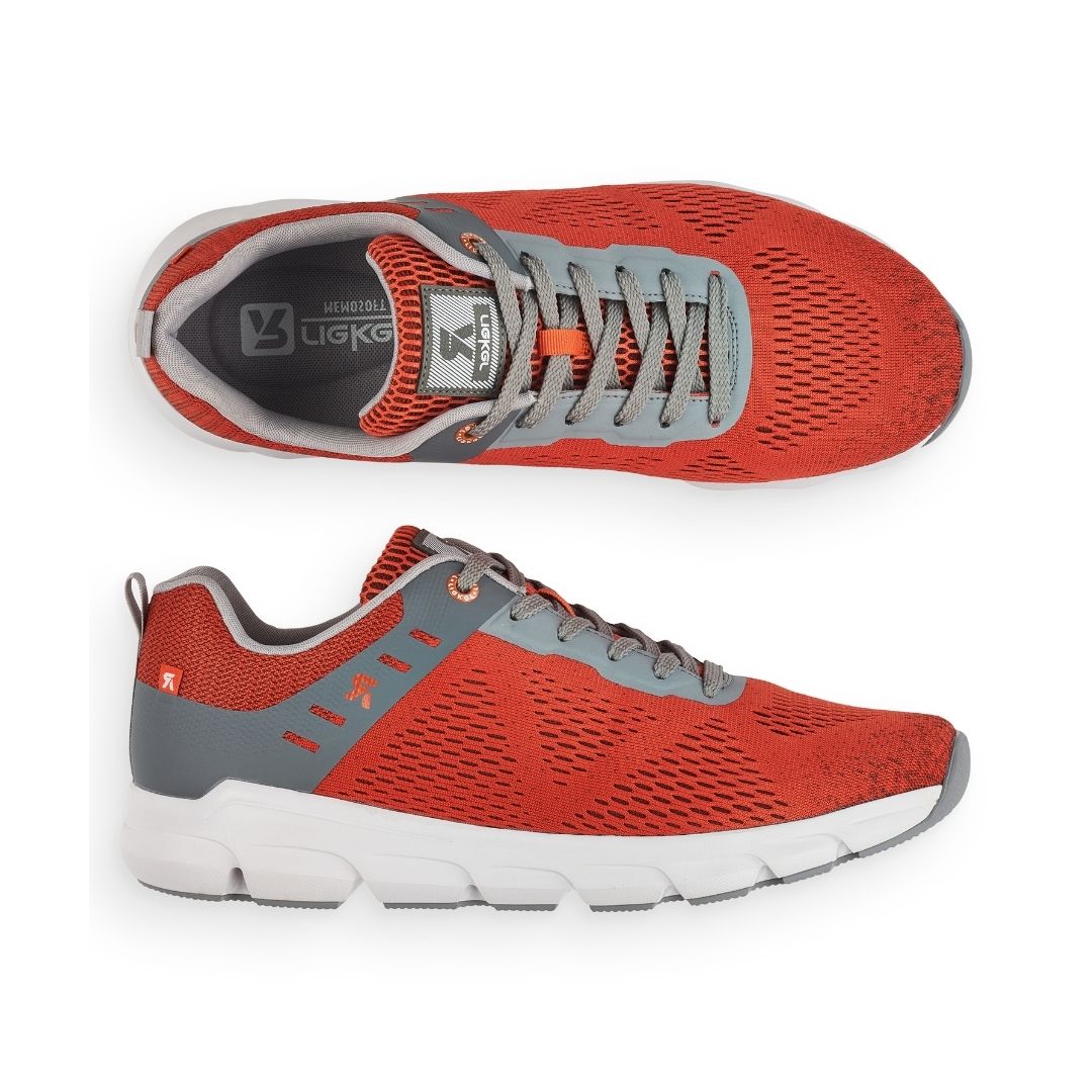 Orange mesh sneaker with grey laces, grey accents and white midsole.