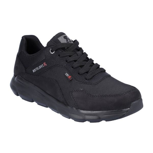 Black lace-up sneaker with R-Evolution logo on outside.