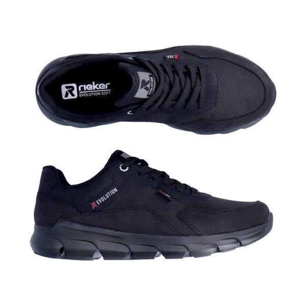 Top and side view of men&#39;s black lace-up Rieker sneaker.