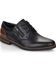 Black leather lace up shoes with brown heel counter and side zipper closure.