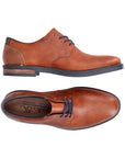 Top and side view of brown leather dress shoe with navy laces. Rieker logo on insole.