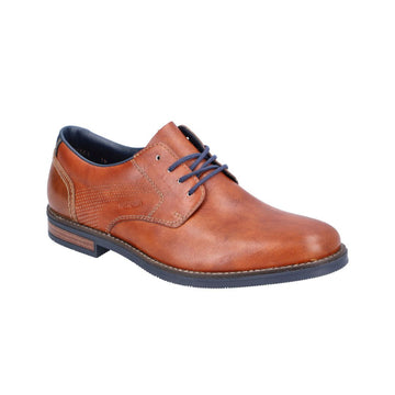 Brown lace up dress shoes with navy laces. Rieker embossed on side.