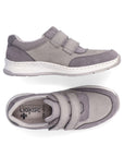 Grey shoe wtih two elastic straps, white midsole and grey outsole