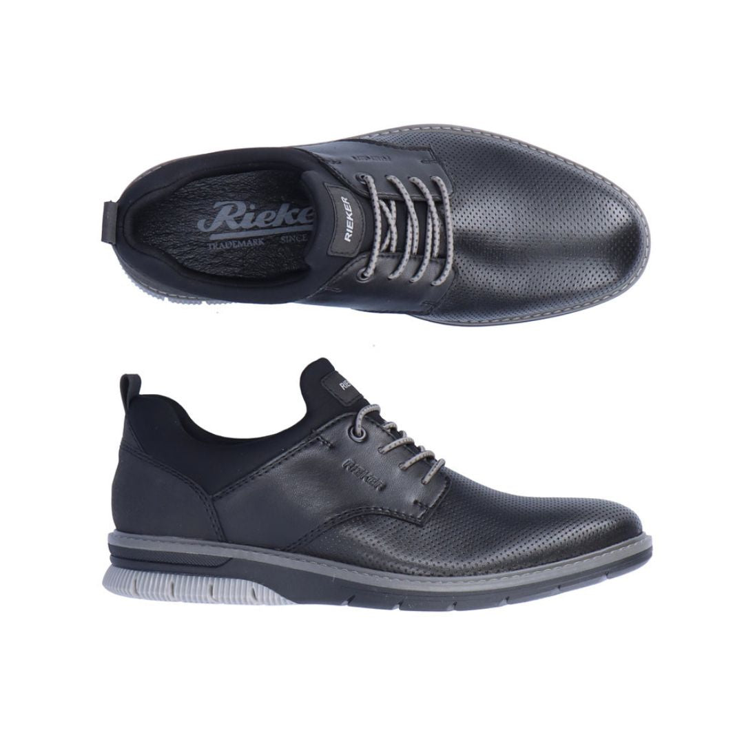 Top and side view of black leather slip-on sneaker. Rieker logo on tongue and insole.