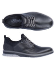 Top and side view of black leather slip-on sneaker. Rieker logo on tongue and insole.