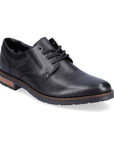 Black leather laced dress shoe with brown heel.