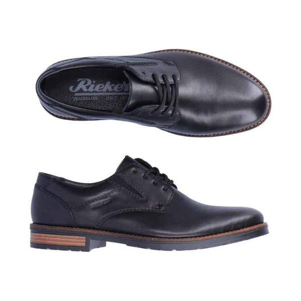 Top and side view of black leather laced dress shoe with brown heel. Rieker logo on insole.