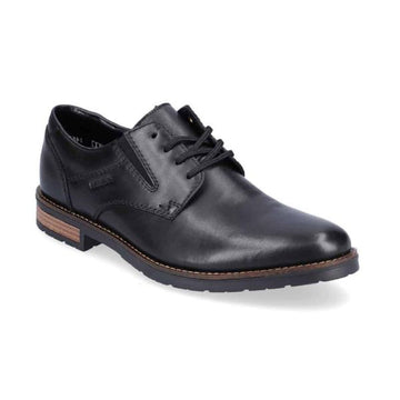 Black leather laced dress shoe with brown heel.