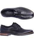 Top and side view of black leather laced dress shoe with brown heel. Rieker logo on insole.