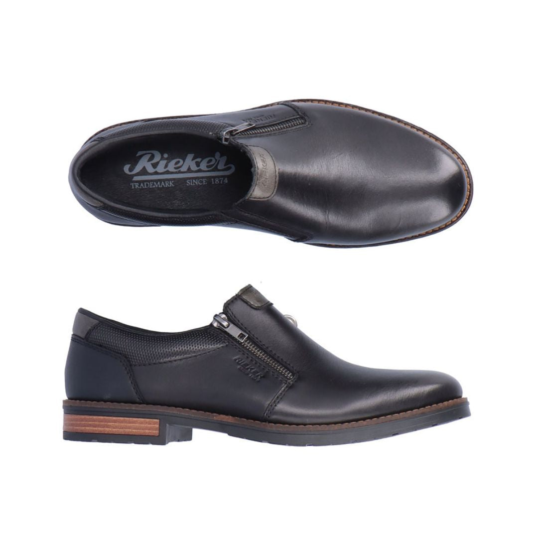 Top and side view of Rieker&#39;s black dress shoe with zipper closure and brown heel.