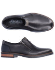Top and side view of Rieker's black dress shoe with zipper closure and brown heel.