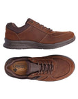 Top and side view of brown Rieker lace-up sneaker. Rieker logo is printed on insole.