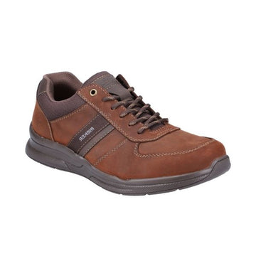 Brown lace up sneakers with dark brown outsole. Rieker logo is printed on side.