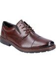 Dark brown leather dress shoe with lace closure and black outsole.