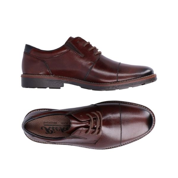 Top and side view of dark brown leather dress shoe with lace closure and black outsole. Rieker logo can be seen on insole.