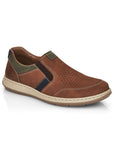 Brown leather slip on shoe with green and navy accents, beige midsole and brown outsole.
