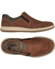 Top and side view of brown leather slip on shoe with green and navy accents, beige midsole and brown outsole.