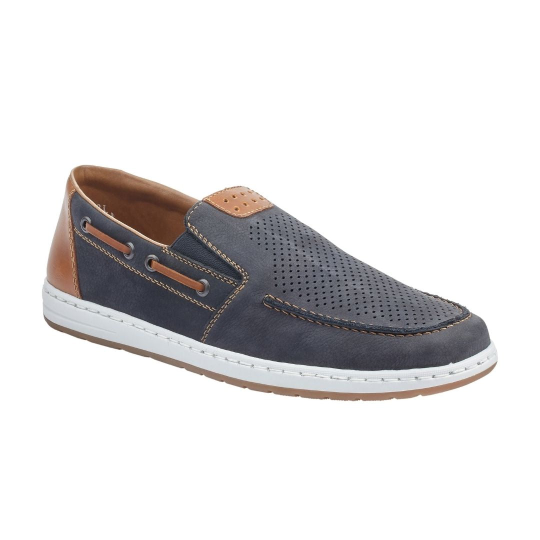 Navy boat shoe with perforations and white midsole.