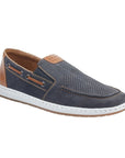 Navy boat shoe with perforations and white midsole.