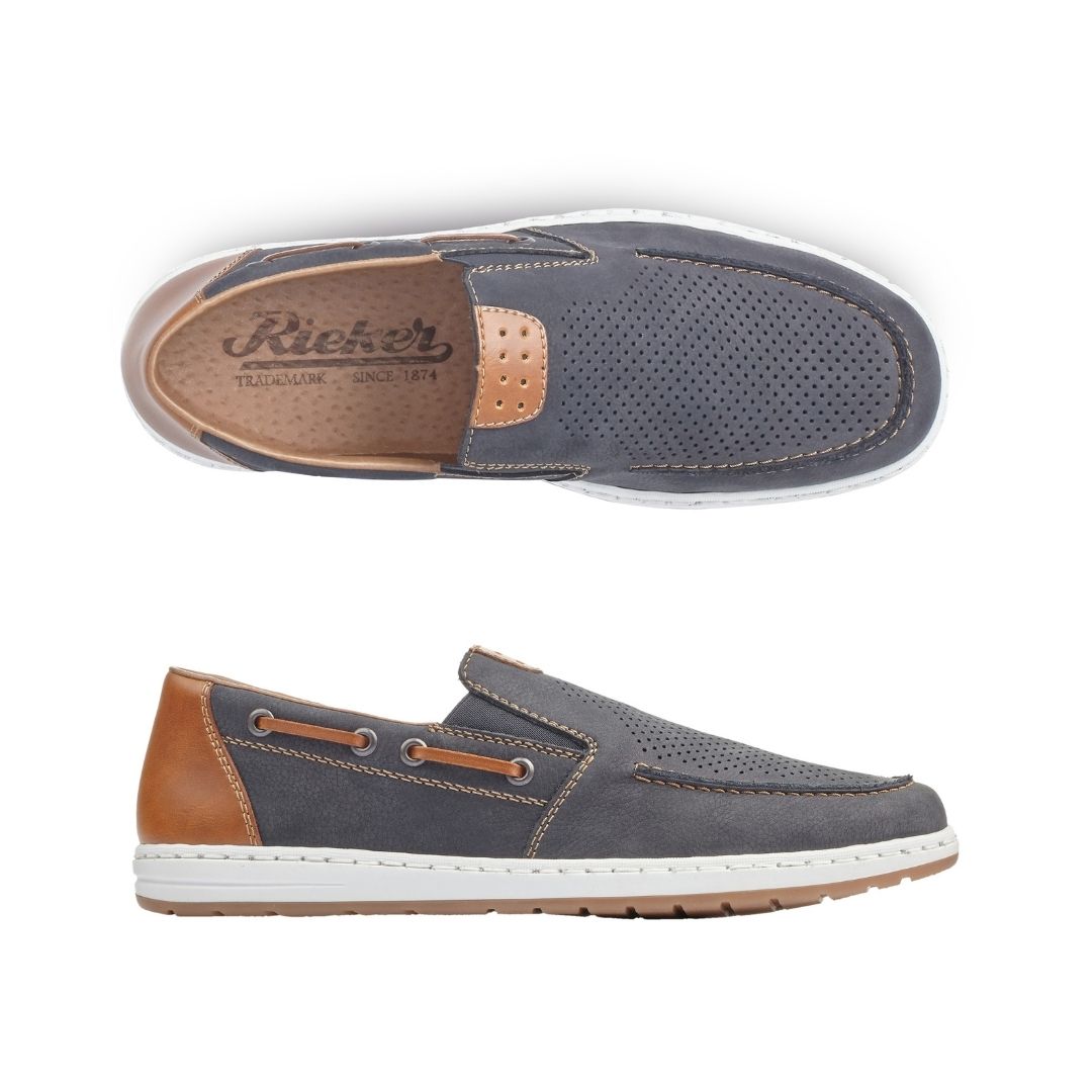 Top and side view of men's navy boat shoe with white midsole. Rieker logo on insole.