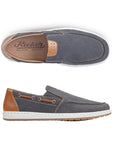 Top and side view of men's navy boat shoe with white midsole. Rieker logo on insole.
