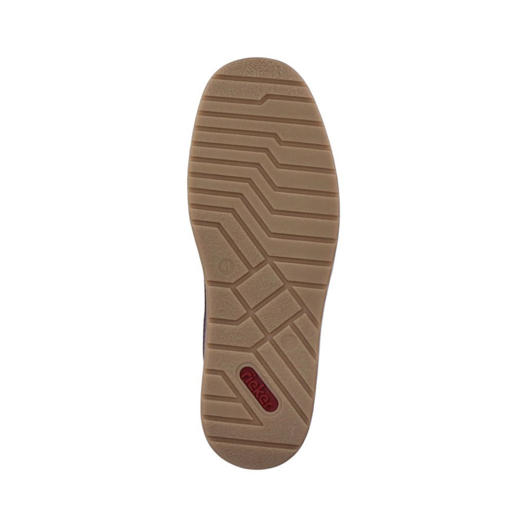 Tan outsole with red Rieker logo on heel.
