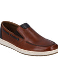 Brown leather boat shoe with navy accents, cream midsole and brown outsole.