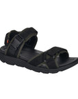 Black sport sandal with two adjustable buckle strap and two adjustable velcro straps