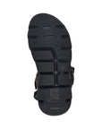 Black outsole of men's Rieker sandal with Rieker logo on heel.