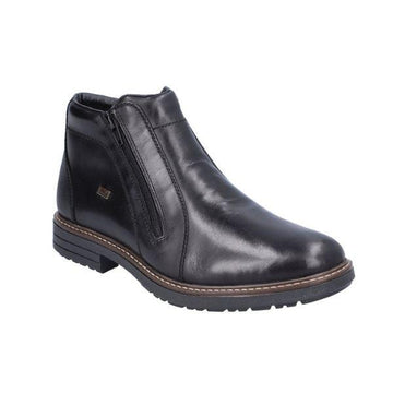 Black leather ankle boot with outside zipper. 