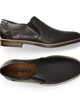 Top and siede view of men's Rieker black, semi-dress loafer with perforations.